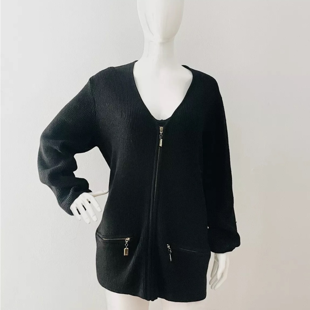 Women's DKNY Black Ribbed Zippered Cardigan Sweater Large